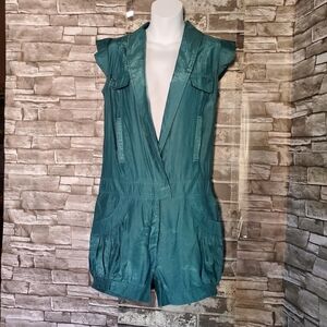 Vintage Moon Collection Green Satin Romper Y2K Disco Era Shimmery Rare Teal Sml
